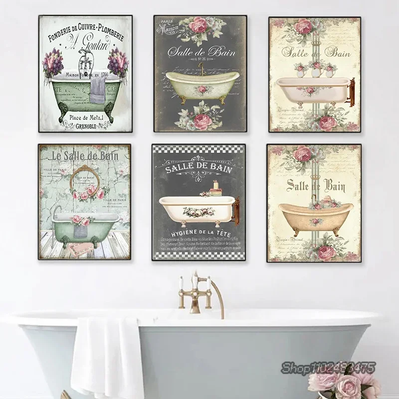 Vintage Französischer Stil Shabby Viktorianische Badewanne Leinwanddruck Poster Badezimmer Wandkunst Bilder Ästhetische Raumdekoration