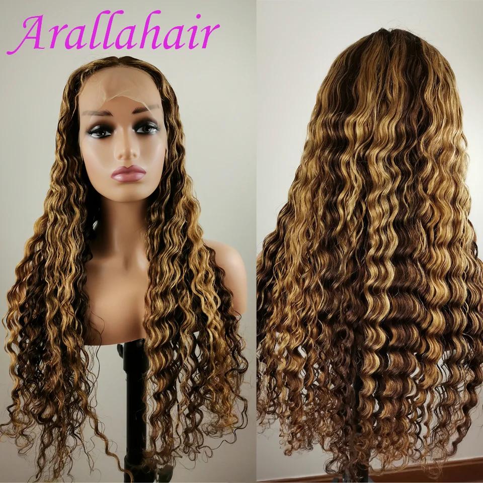 Honey Blonde Deep Wave Lace Frontal Wig Human Hair Pre Plucked 13x4x2 T Part Highlight HD Water Wave Lace Front Wig 180% Density