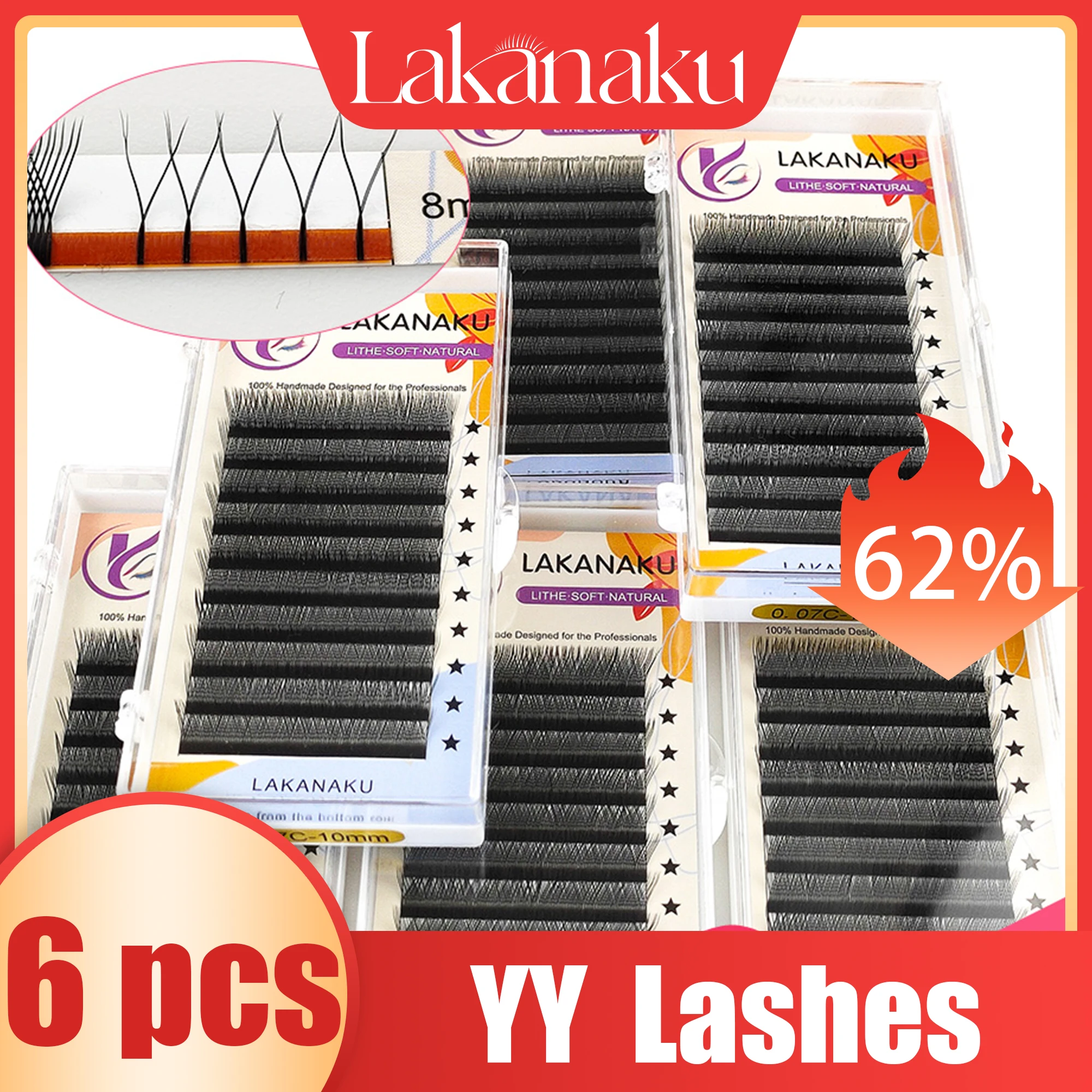 LAKANAKU Cilios YY Eyelashes Extensions 6 Trays Eyelashes 0.07 C D 8-12 Mix YY Lashes Natural Soft Premade Fans Faux Cilios