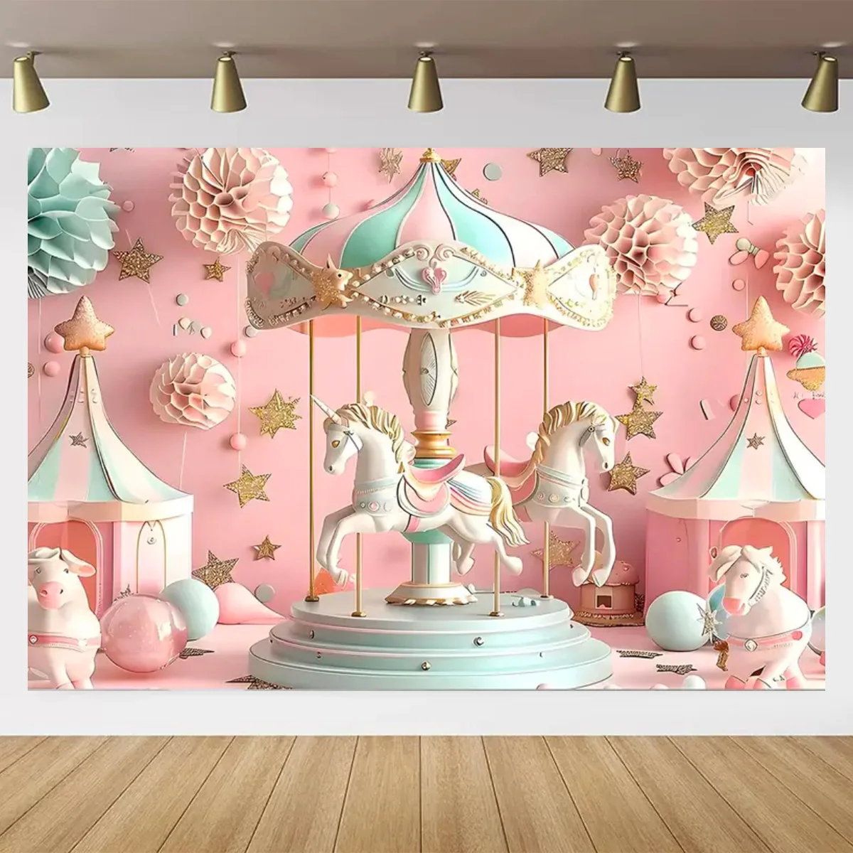 Dreamy Circus Carousel Theme Background Pink Stars Clouds Princess Room Decoration Newborn Baby Birthday Party Decoration  Banne