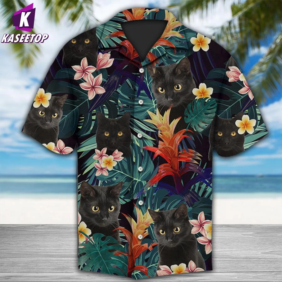 

Men's Animal Black Cat Hawaiian Shirts 3D Print Short Sleeves Tops Tee Casual Fashion Men's Clothing Summer Loose Button T Shirt