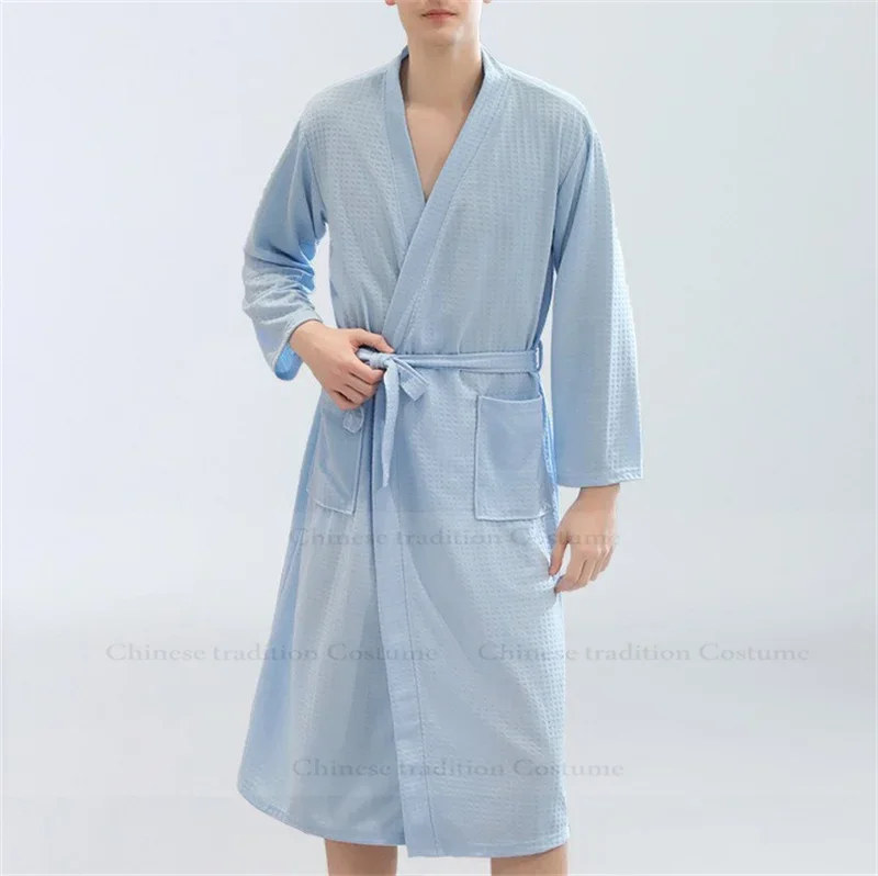 Lady Waffle Thin Shower Robes Sleepwear Blue Kimono Robe Gown Intimate Lingerie Couple Men Home Dressing Gown Sexy Bathrobe