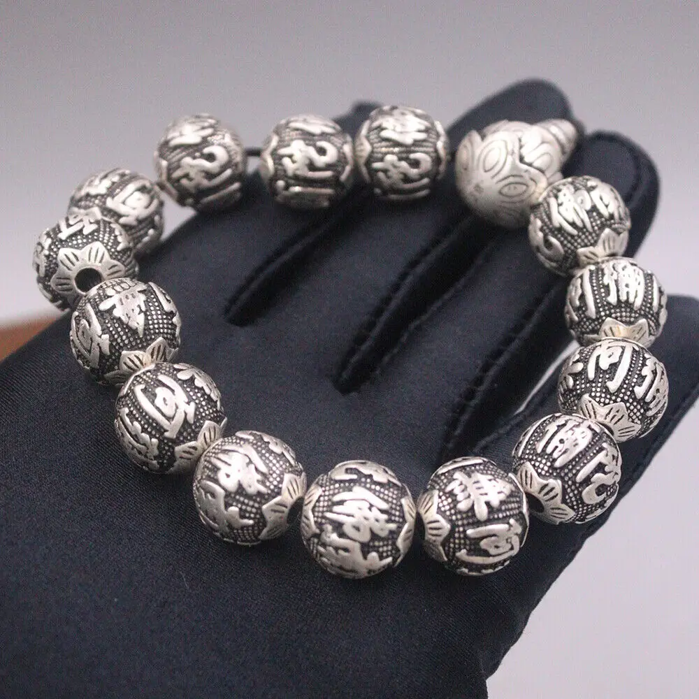 

Real 999 Fine Silver 15mm Buddhist Sutra Bead Men's Bracelet 8.2inch Length