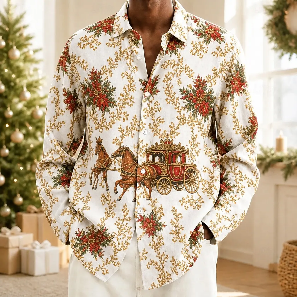 Christmas Printed Long Sleeve Shirt, Vintage Carriage Xmas Button Down Shirt Holiday Party Retro Floral Print Men's Casual Shirt