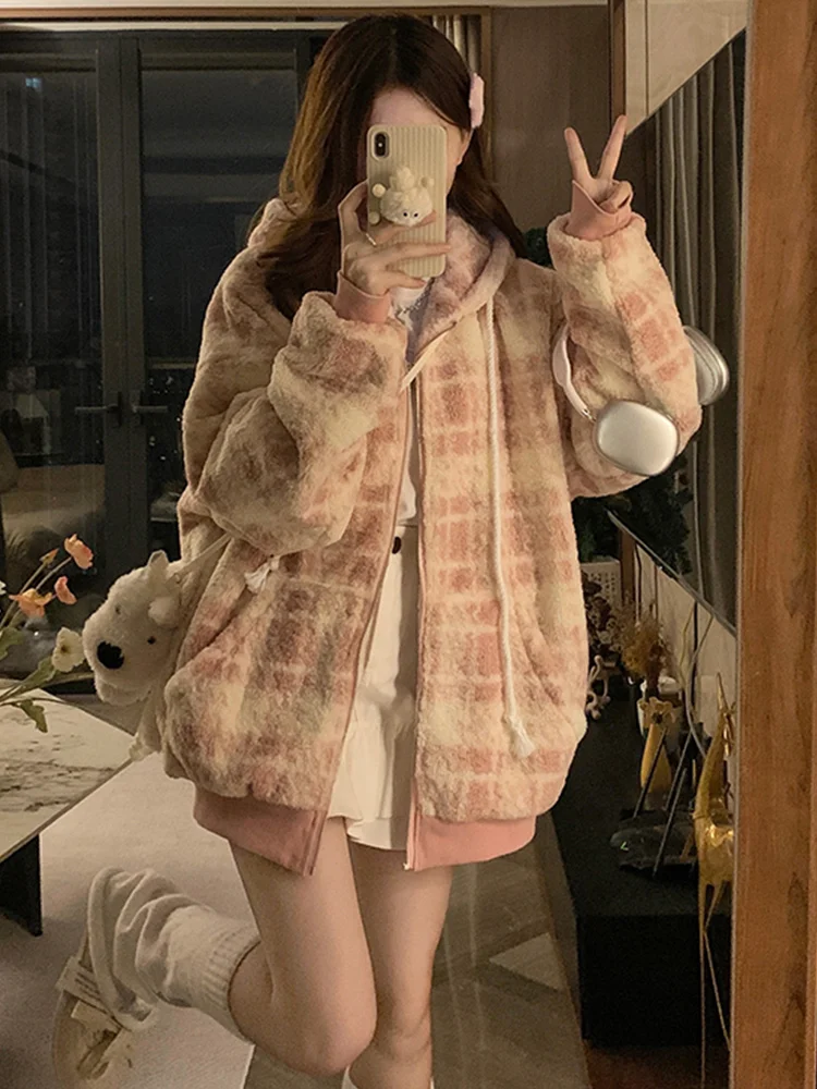 American Teenage Girls Sweet Campus Autumn Winter Plush Pink Checkered Casual Sporty Loose Comfortable Drawstring Hooded Coat