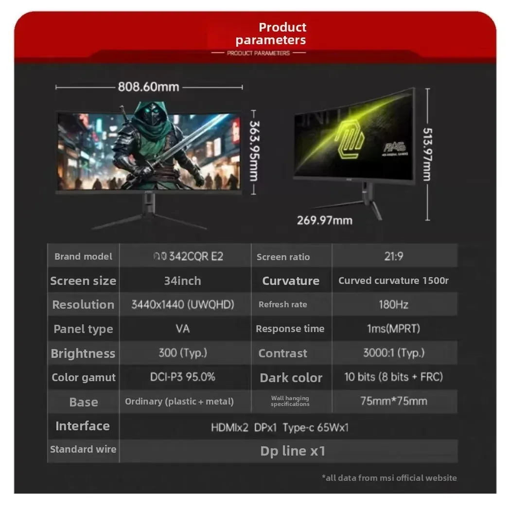 342CQR E2 34-inch quasi-4K 180Hz1500R Qu 1ms low blue light gaming display LCD screen