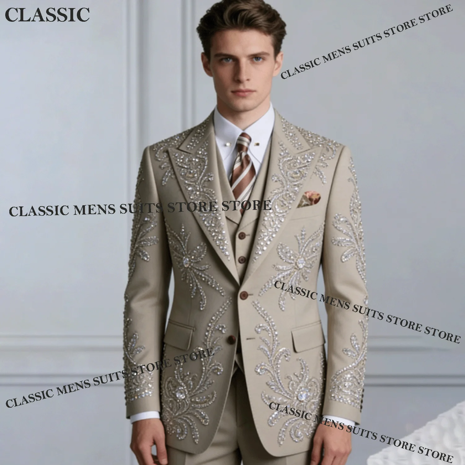 

Индивидуальные элегантные мужские костюмы с пайетками, комплекты из 3 предметов, блестящие смокинги для мужчин, свадебные костюмы для жениха, приталенные костюмы с стразами, Homme