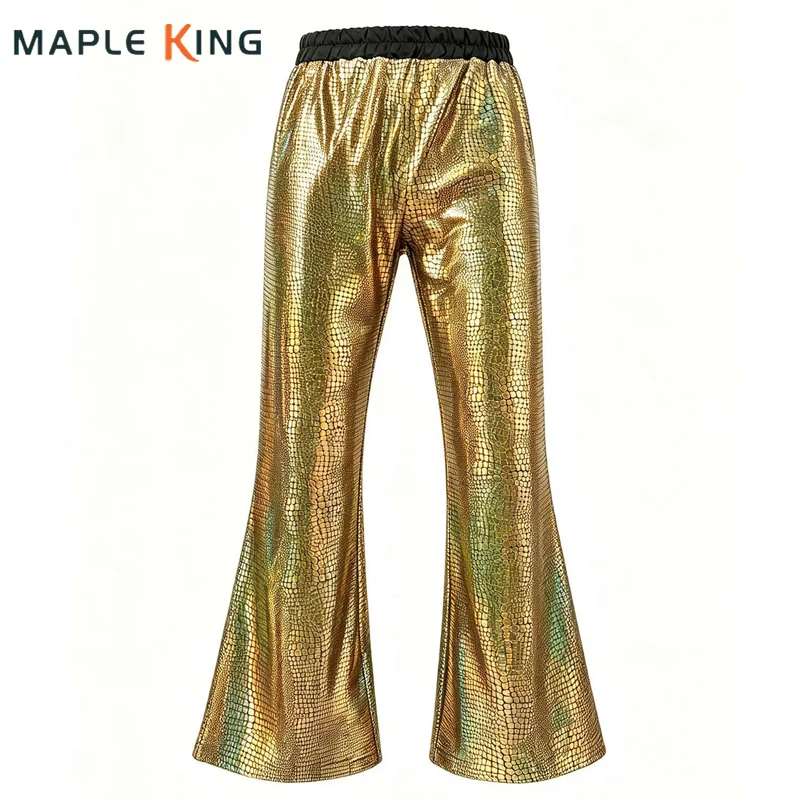 Glossy Sequins Mens Flare Trousers Pants 2026 Sexy Nightclub Elastic Waist Stage Performance Pants Hip Hop Vintage Flared Pants