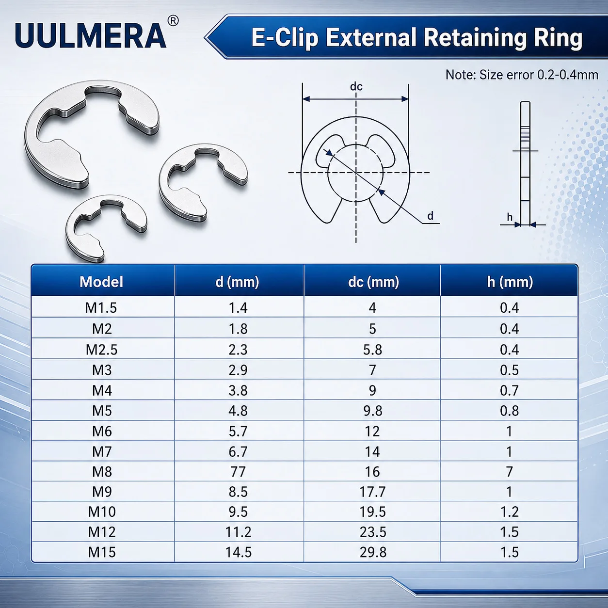 299pcs 304 Stainless Steel E-Clips Assortment Kit External Retaining Rings Set M1.5-M15 Metric Snap Ring for Marine Auto