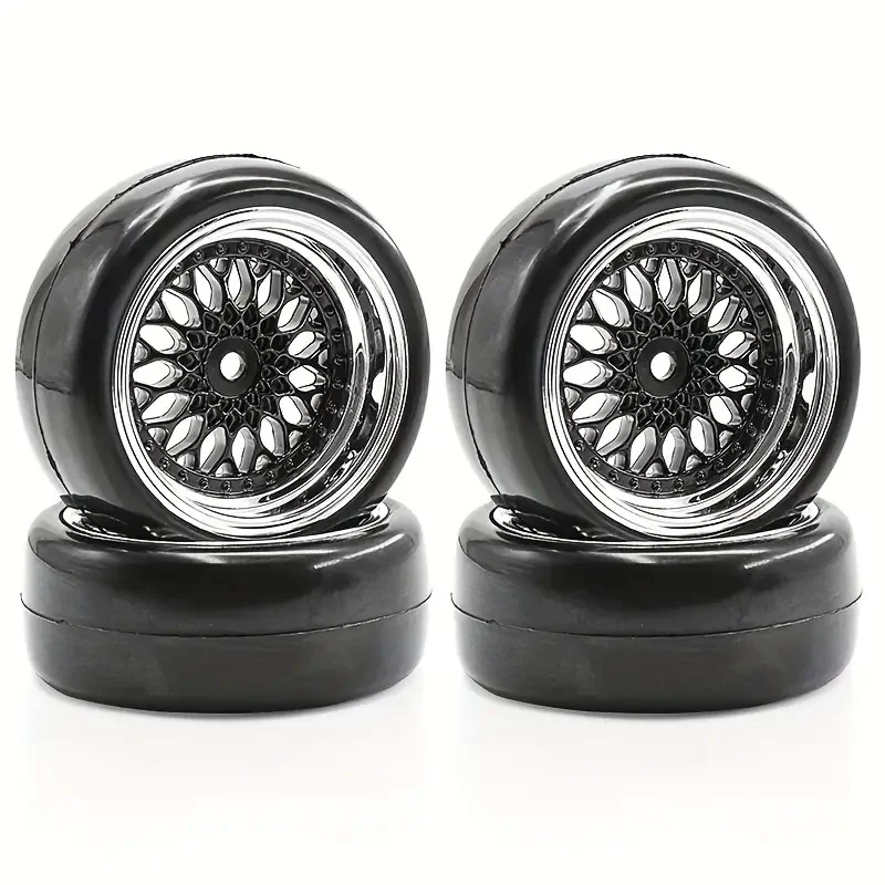 4PCS 65mm Drift Tires & Wheels, High Grip Flat Run Set for 1/10 On-Road RC Car Tamiya TT02 XV01 WRC