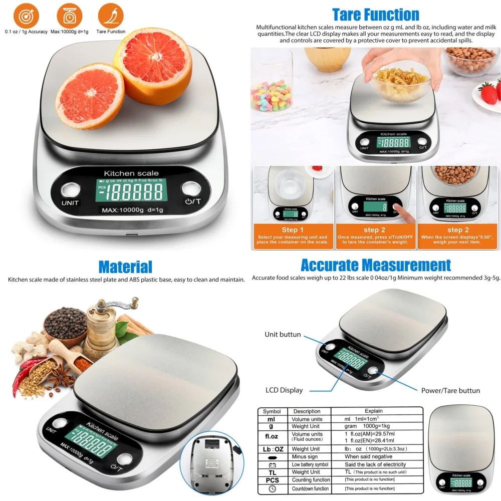 

kitchen scalesDigital Kitchen Scale Food Weight Balance 22lb 1g Precision Digital Diet Scale Multifunction Cooking Weighing