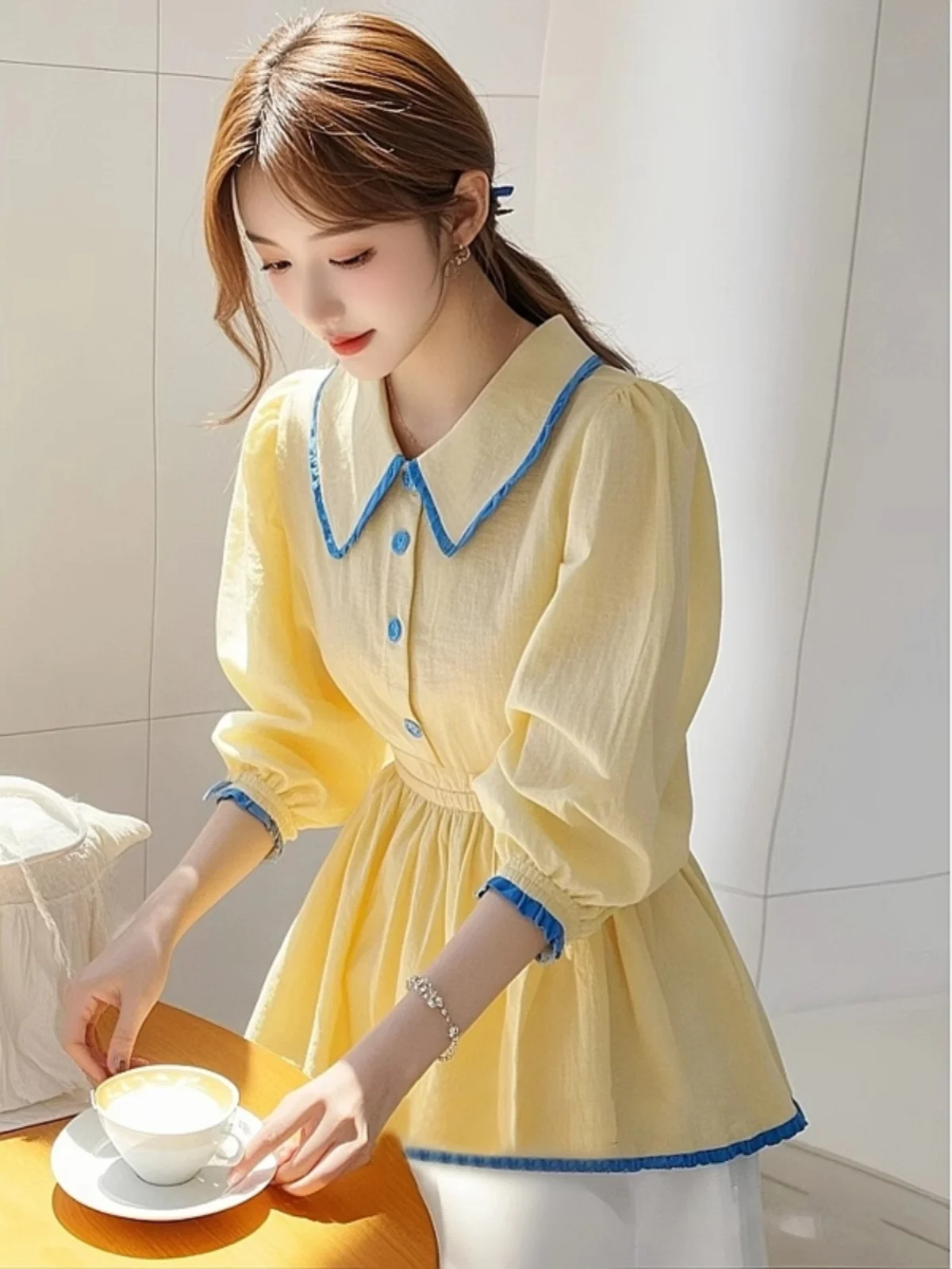 

Женская блузка весна 2026, желтая, с завышенной талией, в стиле Haute Couture, универсальная, с воротником, длинными рукавами, для офиса, в корейском стиле