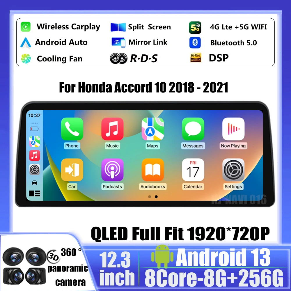 

8-ядерный DSP 12,3 дюймов Android 13 для Honda Accord 10 2018 - 2021 QLED экран мультимедийный видеоплеер автомобильное радио GPS навигация