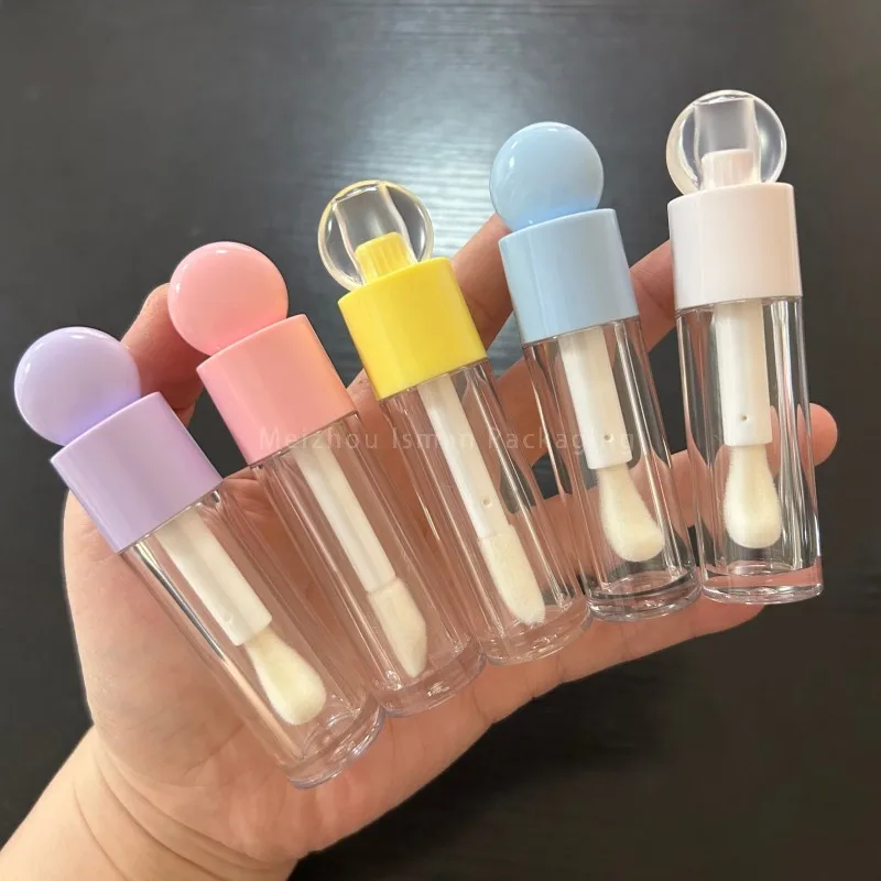 50 szt. Popularne 6-milimetrowe buteleczki na olejek do ust w kolorach makaroników, płaskie, okrągłe, puste tubki na błyszczyk kosmetyczny z dużym pędzelkiem.
