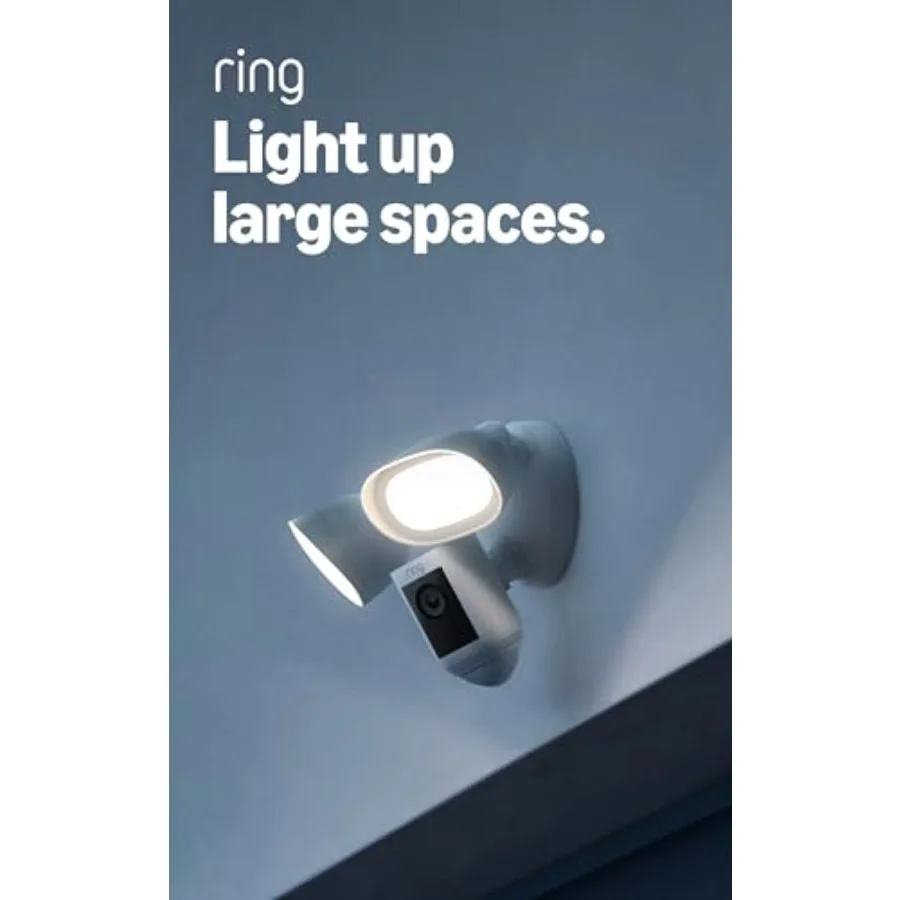 

Камера Ring Floodlight Cam Wired Pro для домашней или деловой безопасности, видео Retinal 2K, цветное ночное видение и двусторонняя аудиосвязь.