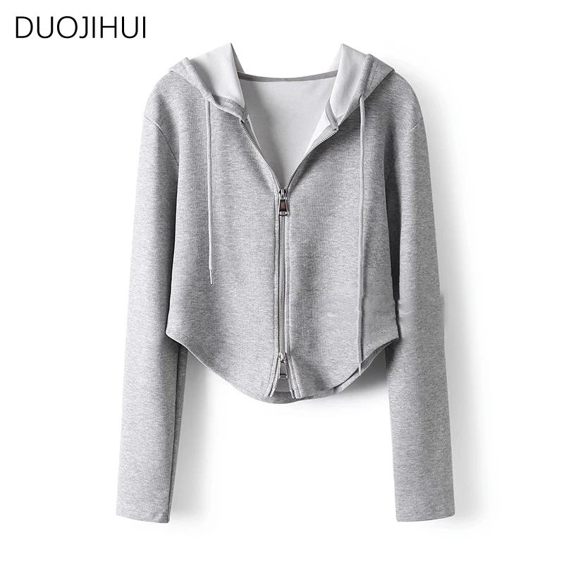 DUOJIHUI Light Grey Basic Hooded Chicly Drawstring Women Hoodies Spring Fashion Zipper Simple Solid Color Casual Female Hoodies