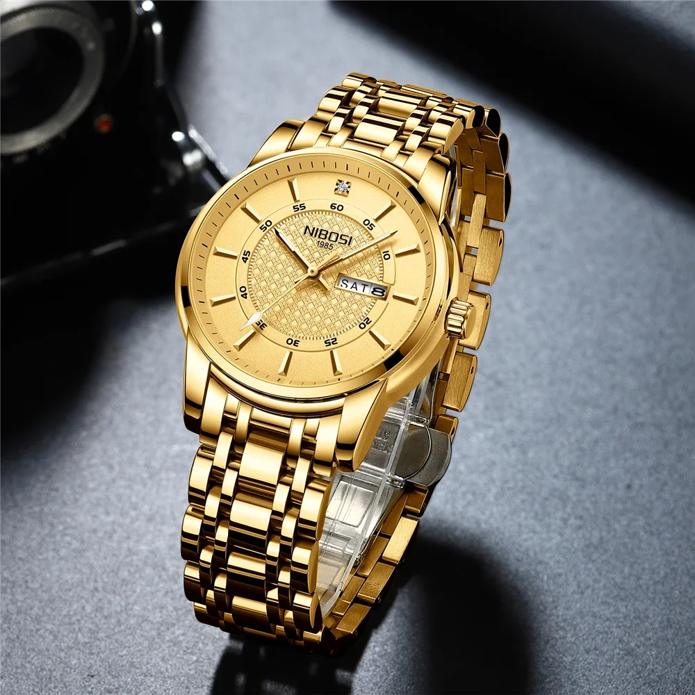 NIBOSI Watches Men Luxury Brand Stainless Steel Date Week Simple Sport Quartz Watch Men Waterproof Business Dress Wristwatch
