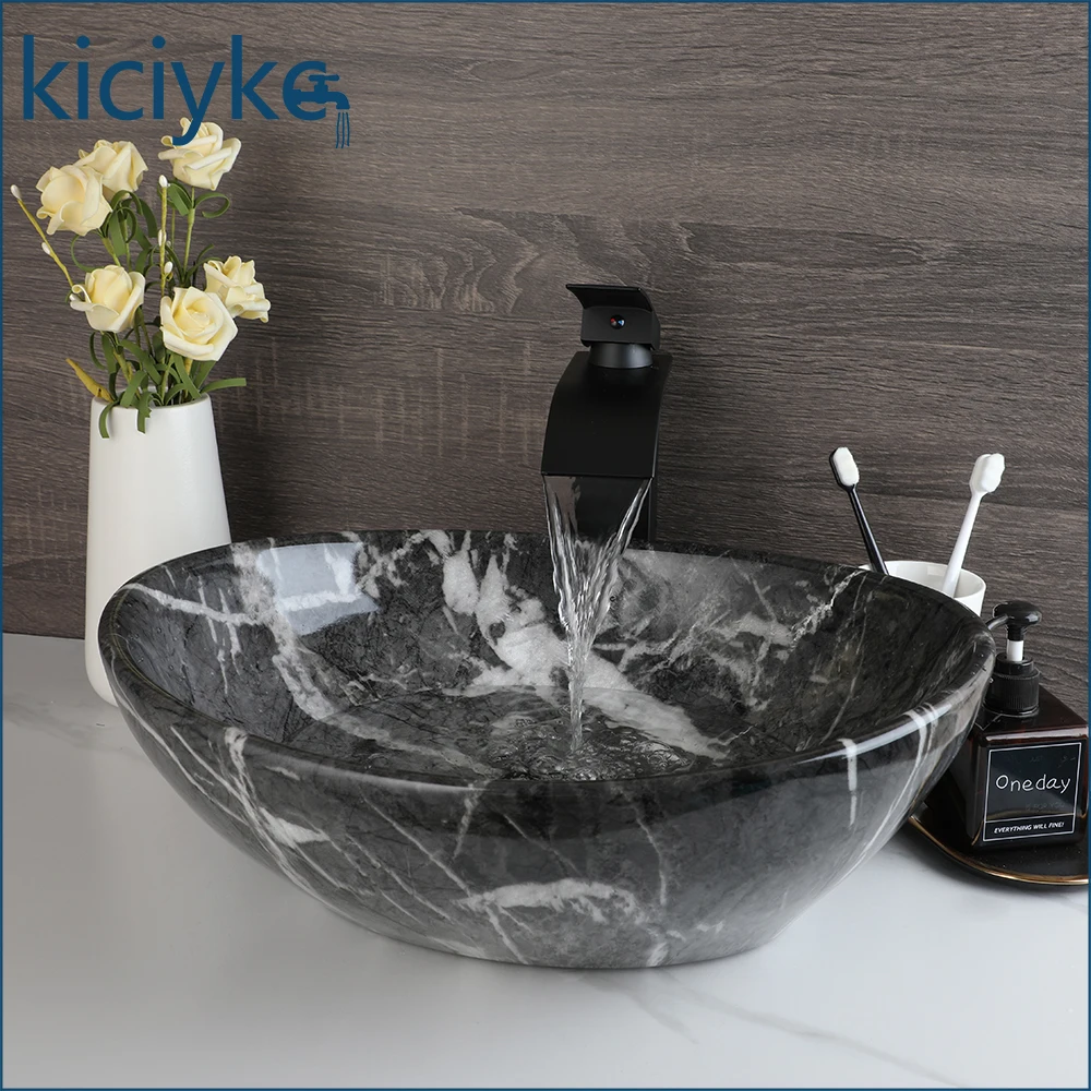 Modern Black Marble Pattern Ceramic Bathroom Sink Set Round Vessel Sink with Matte Black Waterfall Faucet for Vanity