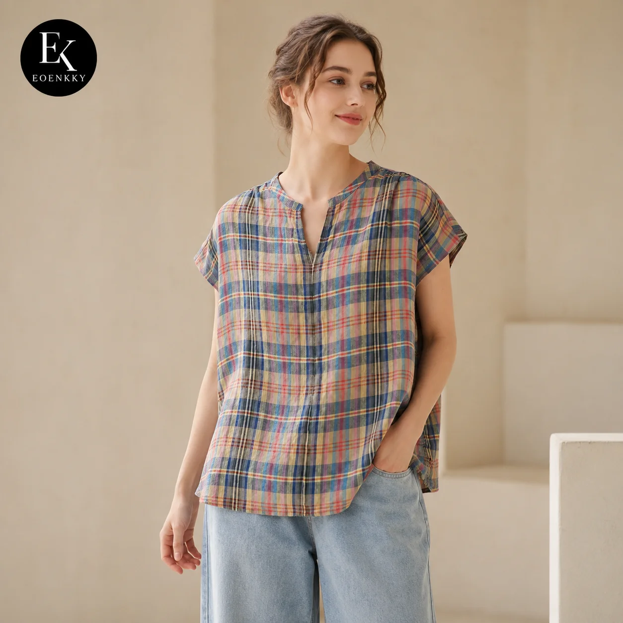 EOENKKY Women Plaid Striped Blouse Summer Split Neck Cap Sleeve Loose Fit Pullover Shirt Vintage Casual Commuter Top