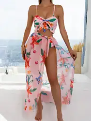 Maillot de bain 3 pièces, taille haute, avec jupe de plage, imprimé floral, nœud sur le devant, à volants, pour femmes, vêtements de plage, 2024