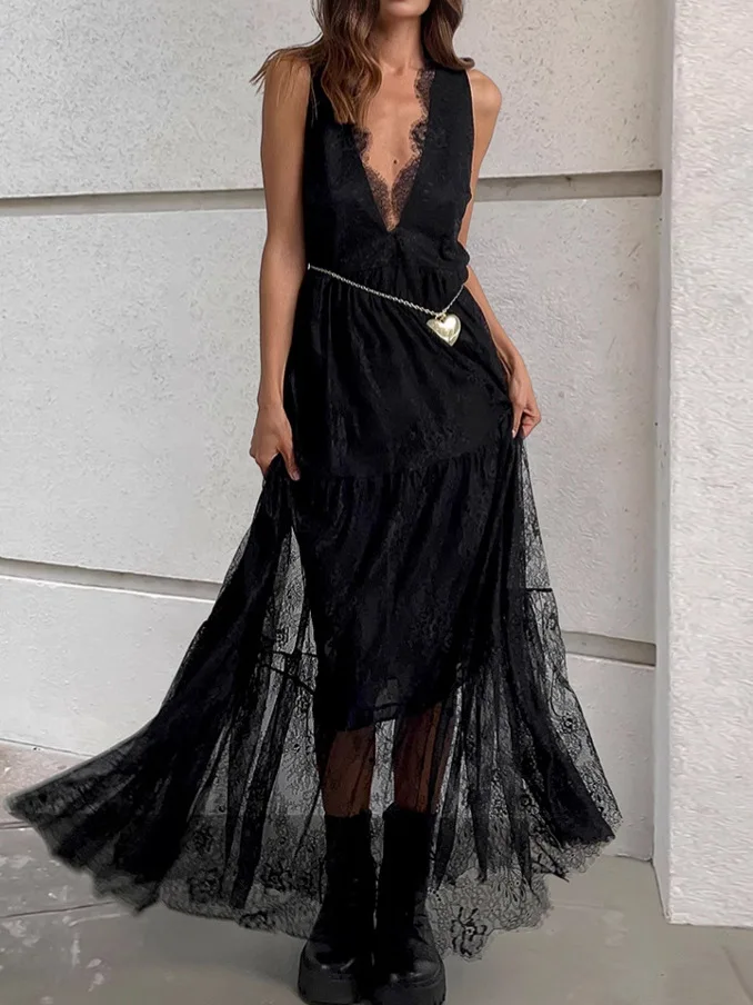 

Sexy Backless V-neck Lace Dress 2026 Spring And Summer Women Street Fashion Loose Perspective Mesh Embroidery Lace Beach Dress