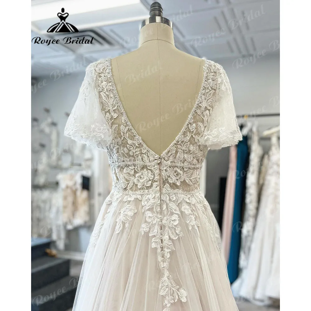 Sexy V Neck Open Back Lace Appliques Boho A Line Wedding Dress with Short Sleeve 2025 Bridal Gown Customized Backless Brautkleid