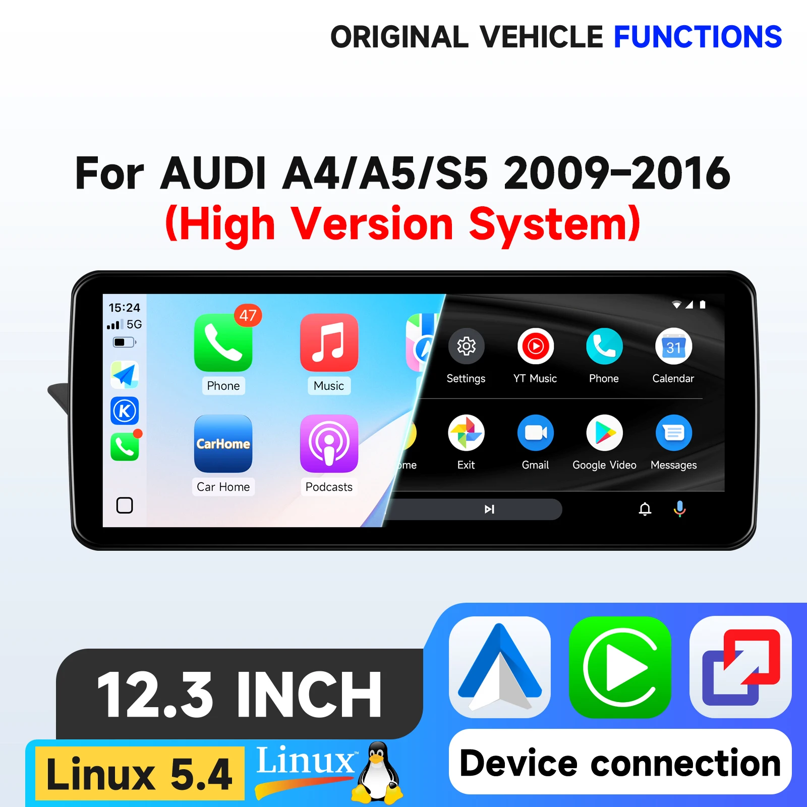 1920*720 Linux 5.4 autoradio voor AUDI A4 B8 A5 S5 2009 - 2016 multimedia videospeler T113-i dual-core USB BT Mirror Link ondersteuning Carplay voor Apple Android Auto