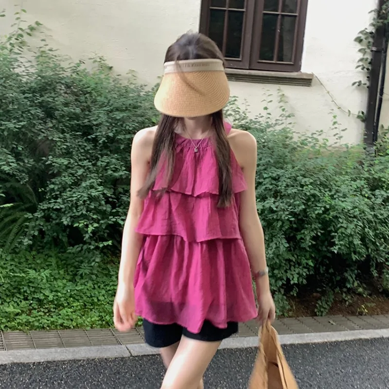 

Rose Red Sleeveless Neck Top Small Shirt Women's Summer French Niche Design Loose Off-the-shoulder Chiffon Shirt Cute y2k Tops