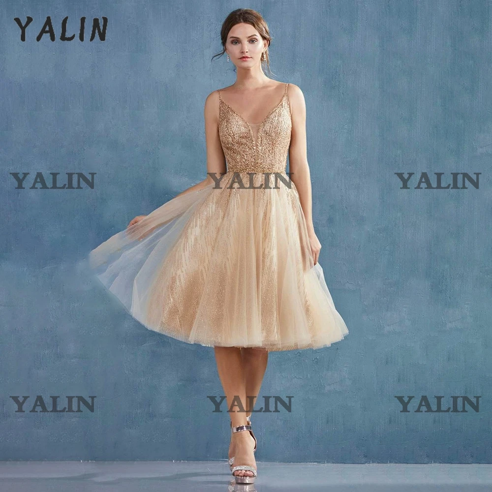 Yalin Champagne Elegante Prom Party Dress Sequenties Knie Lengte Homecoming Jurken Formele Speciale Gelegenheid Vestidos De Fiesta