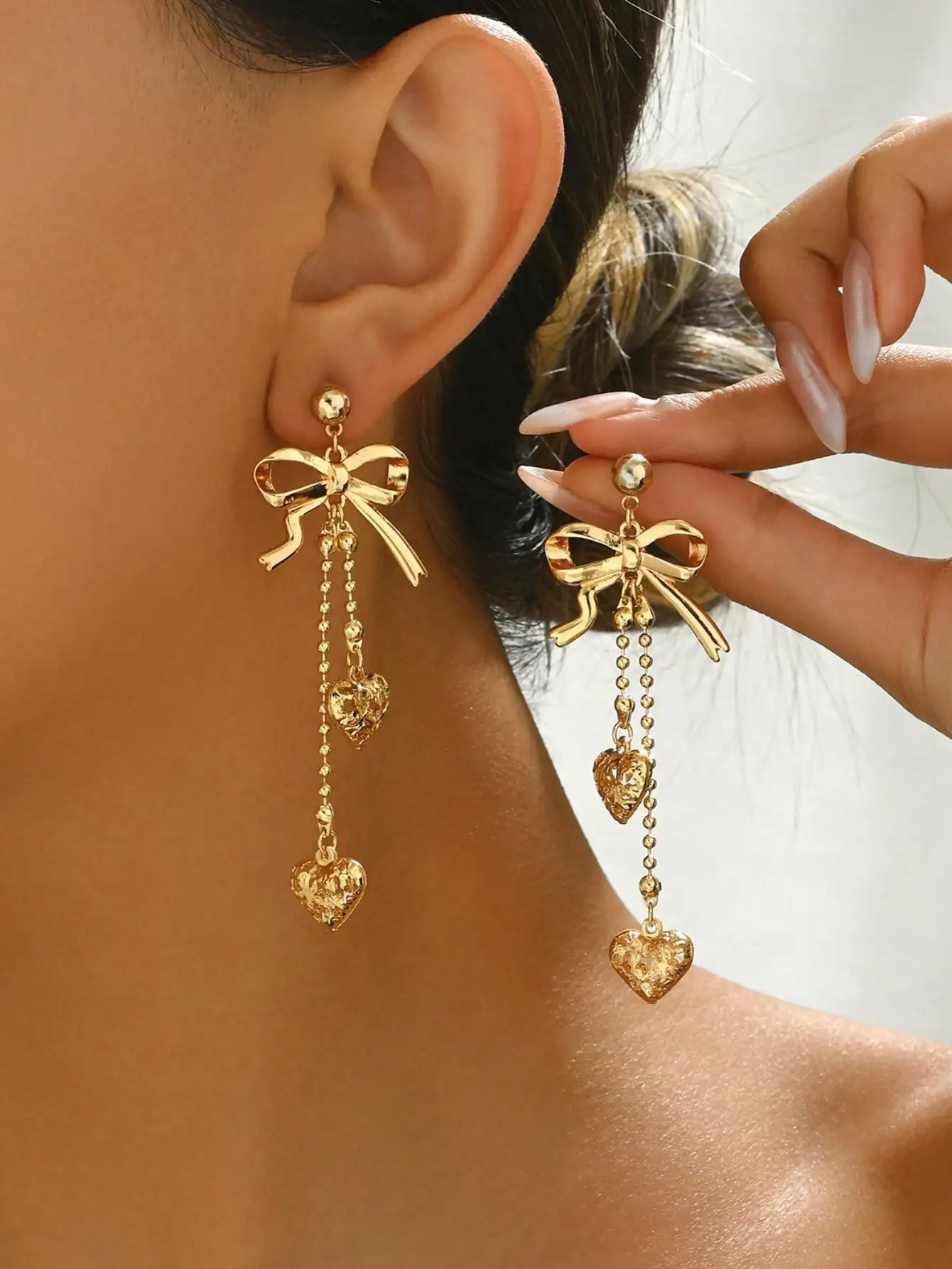 

Gold Bow Earrings with Heart Charms & Beaded Chain, Dangle Drop Design for Women, Valentine's Day Gift