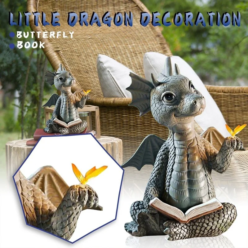 Cute Little Dragon Dinosaur Meditation Reading Book Sculpture Figure Garden Home Decoration Resin Ornament Outdoor Decor