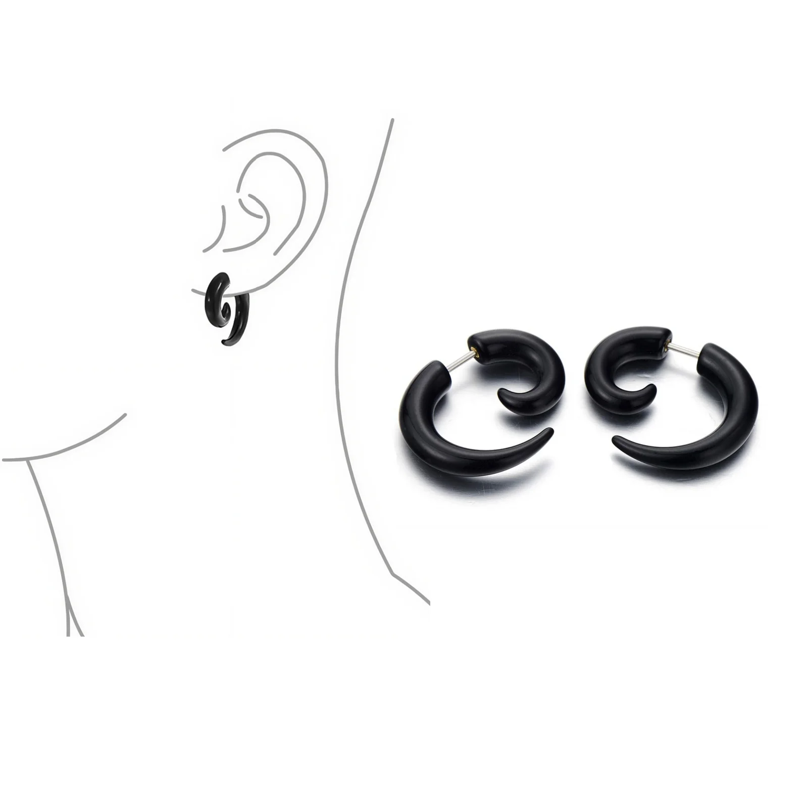 1 Pair Cool Black Large Round Swirl Spiral Tribal Piercing Earrings Acrylic Resin Stainless Steel  Gothic Punk Jewelry Women Men