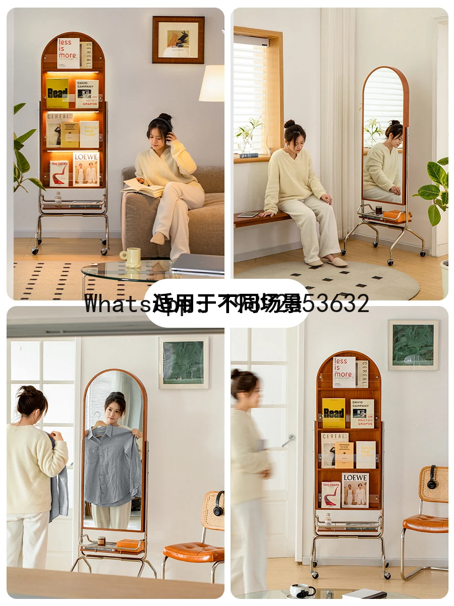 solid wood object mirror full-body mirror movable rotating household storage magazine rack floor-to-ceiling full-length