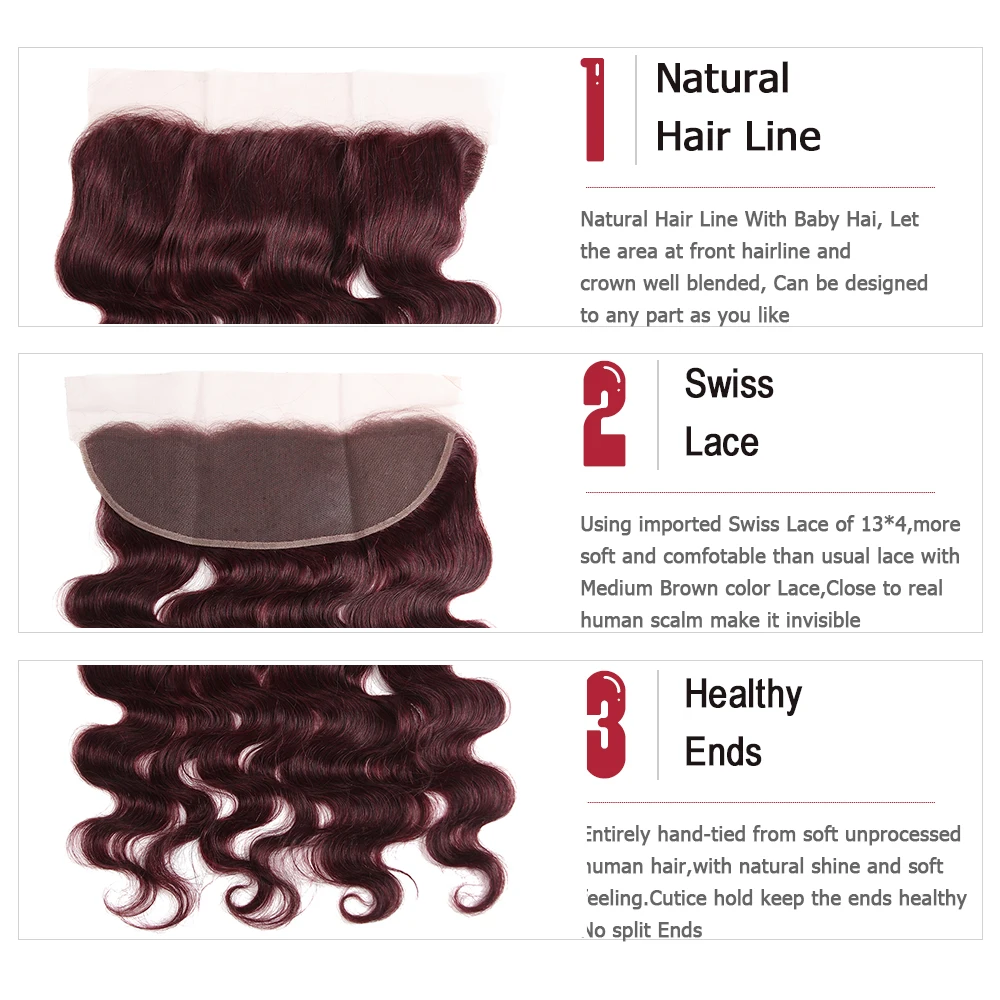 Body Wave Human Hair Bundles With Frontal RedWine 99J/Burgundy Colored Hair Weave Bundles With Closure Brazilian Remy Hair