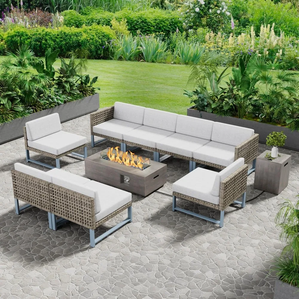 Patio Furniture Set Outdoor Furnitures Sectional Couch Fire Pit Table and Chairs Set with Propane Firepit, Garden Furniture Sets