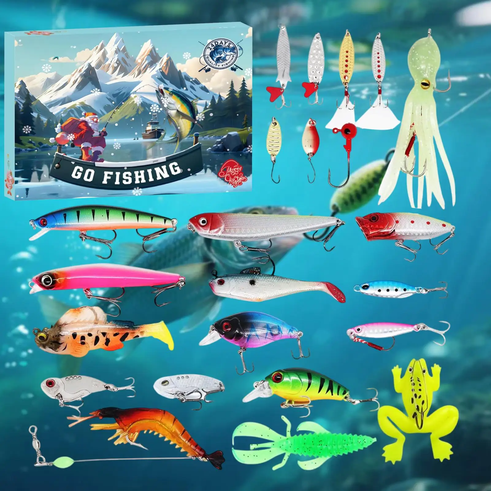 Calendario de Adviento navideño de pesca 2025, calendario de cuenta regresiva de 24 días para hombres, novio, abuelo, padre, amante de la pesca, regalo de vacaciones