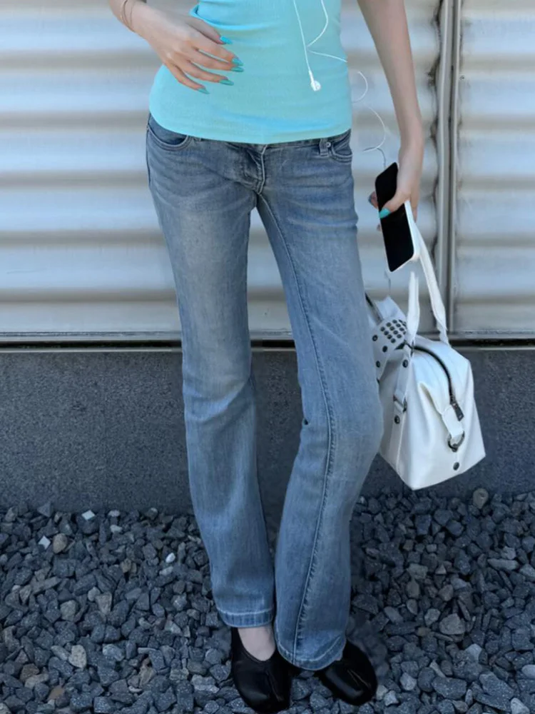 American Retro Washed Bell Bottom Low Waist Denim Jeans Women's Slimming Micro Flared Pants Standard Fit Four Seasons