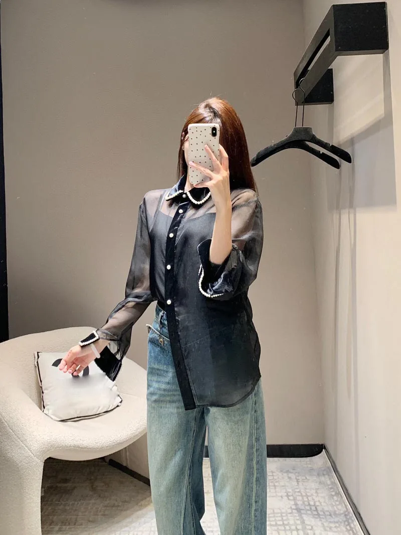 Spicy women's shirt fashionable and stylish pearl collar sexy see through mesh shirt straight tube bottom shirt