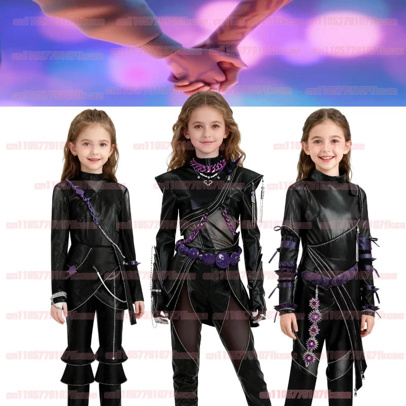 

Women girls Halloween Costume Anime Kpop Demon Cosplay Mira Huntrix rumi Costume Black Purple PU Jumpsuit Sexy Carnival Outfit
