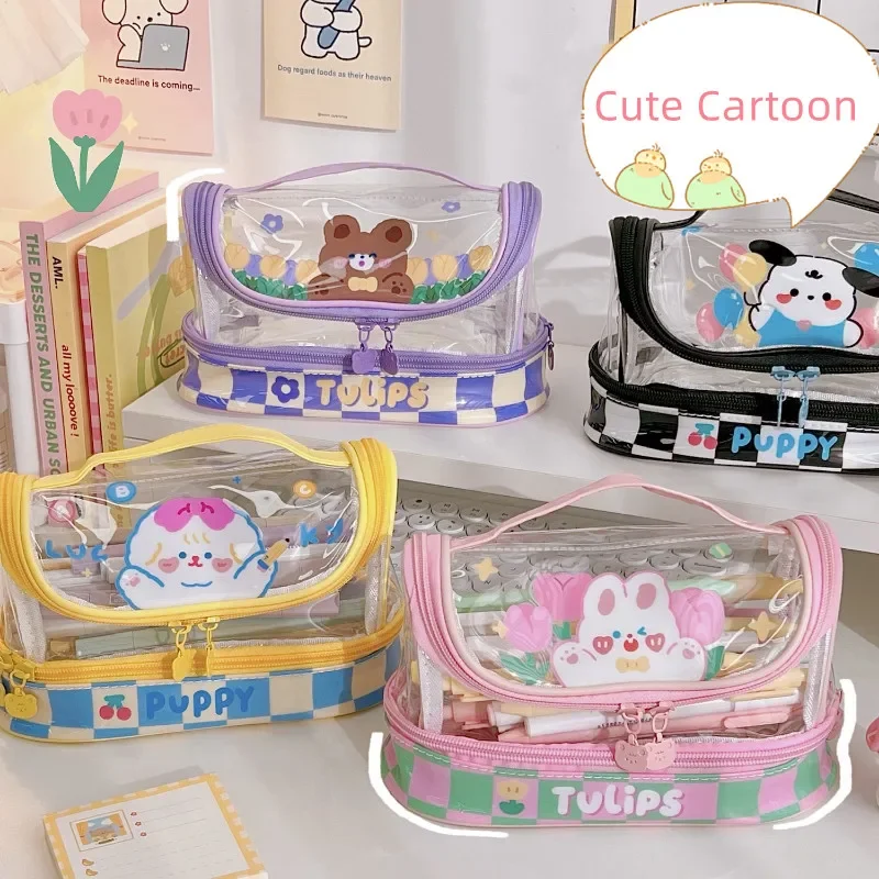 Caso de lápis transparente coreano, bonito dos desenhos animados adorável animal lápis saco, papelaria de alta capacidade armazenamento, estudante fornecedor, Ins