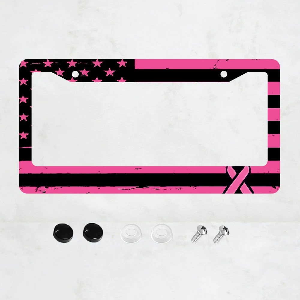 

1 шт. Рамка для номерного знака с 2 отверстиями, розово-черная, с дизайном флага США, из алюминия, 6x12 дюймов, с винтами, идеально подходит для декора автомобиля