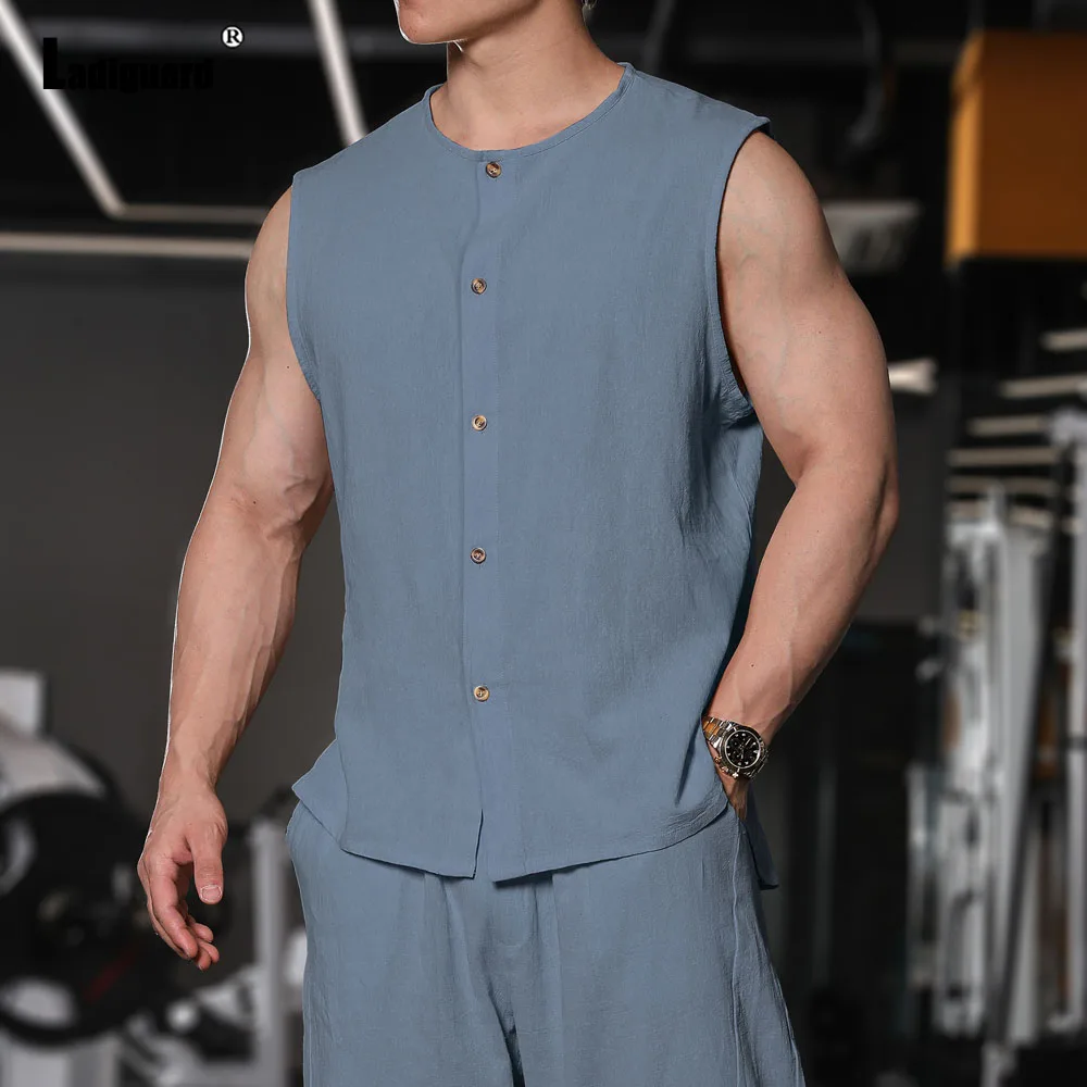 Men Sleeveless Casual Linen Vest Tank 2024 Single Breasted Tops Mens Vintage Basic Shirt Outerwear Gray Blue Soft Camisole New