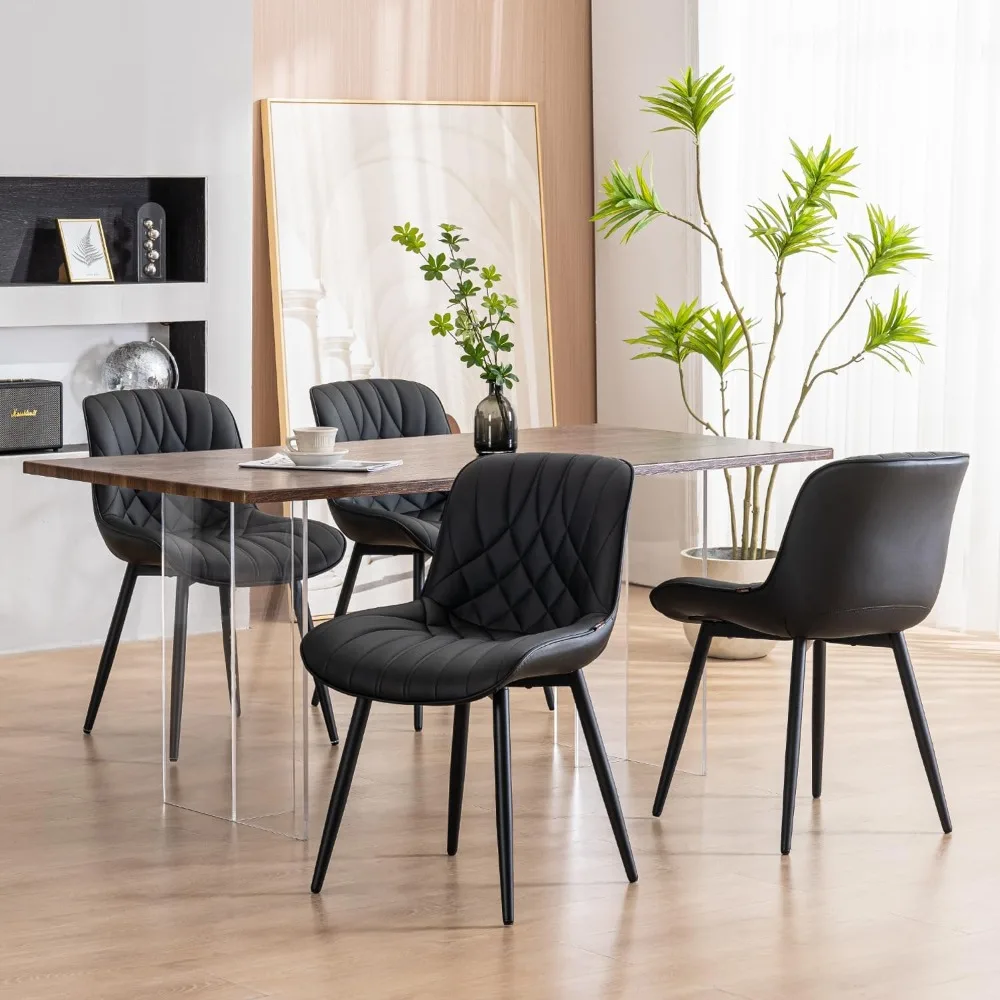 Juego de 2 sillas de comedor tapizadas modernas de color negro, cómodas sillas de cocina de cuero PU para comedor