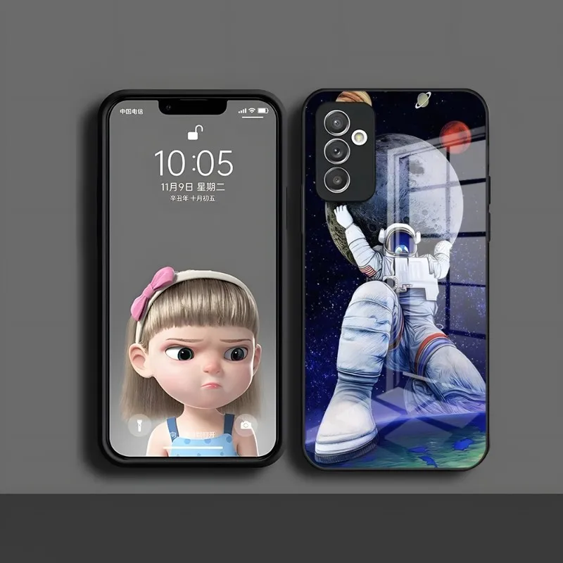 الكرتون رائد الفضاء والقمر قضية الهاتف ، غطاء زجاجي لسامسونج S20 ، S30 ، S32 ، S21 ، S23 ، S8 ، S9 ، S10E ، نوت 20 ، 10 برو ، الترا زائد #3