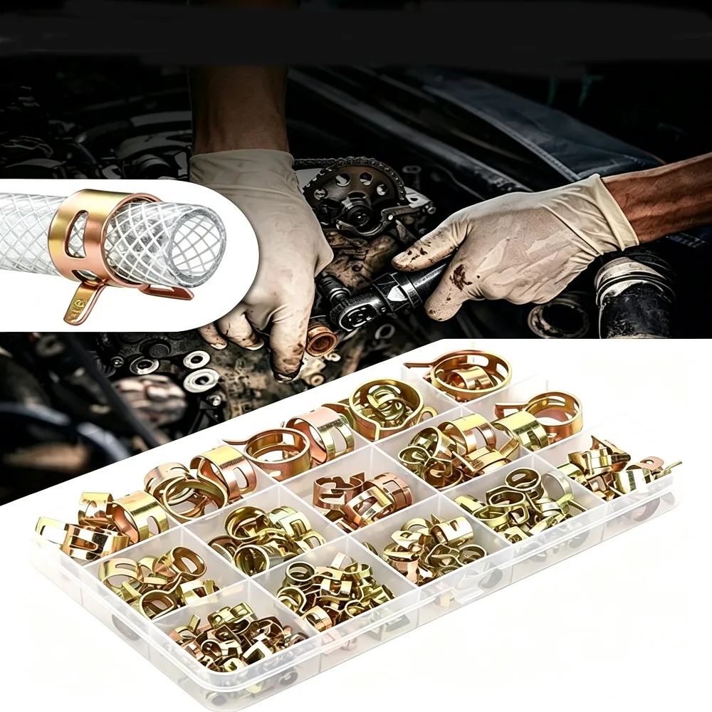 150Pcs Color Coated Zinc Elastic Hose Clamp Set 6‑22mm Spring Type Pipe Clips Assortment Box for Car Fuel Water Hose Repair