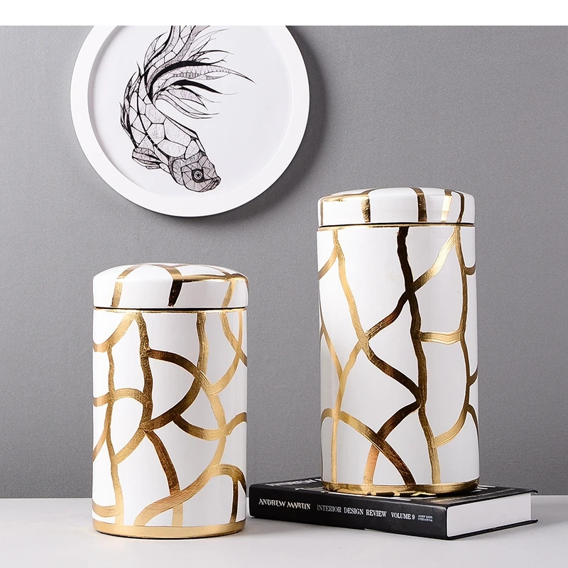 Porcelain Storage Vase Ceramic Ginger Jar Golden Thread Stripes Desktop Organizer Home Decor Accessories Vintage Bottle