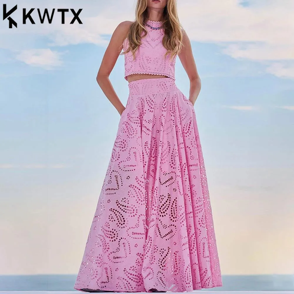 KWTX 2025 Embroidery Two Piece Set for Women O Neck Sleeveless Hollow Out Top High Waist A Line Skirt Slimming Sets Female