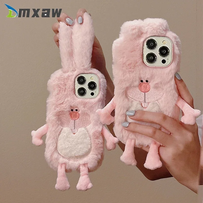 lovely Plush Fur Bucktooth Rabbit Case For Realme C55 C53 GT5 GT Neo 5 SE 3 2 Pro GT Master V30 V20 Warm Cute Fluffy Case