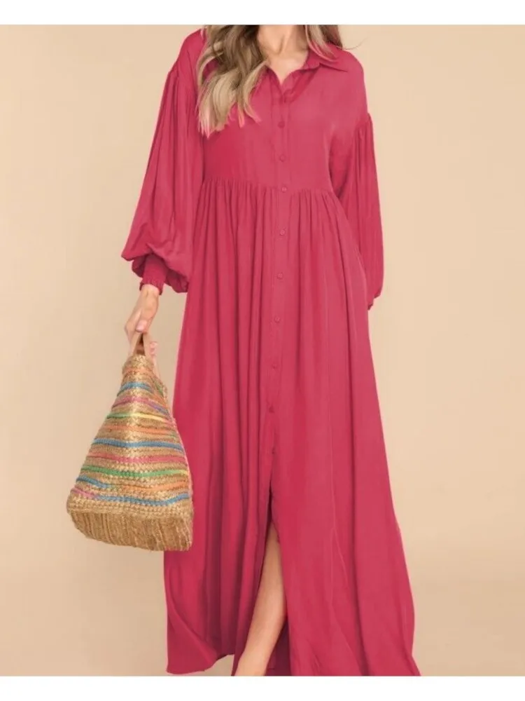 

Spring Summer New Women's Elegant Casual Loose Dress Solid Color Button Lapel Pleated Lantern Sleeve Large Swing Long Skirt