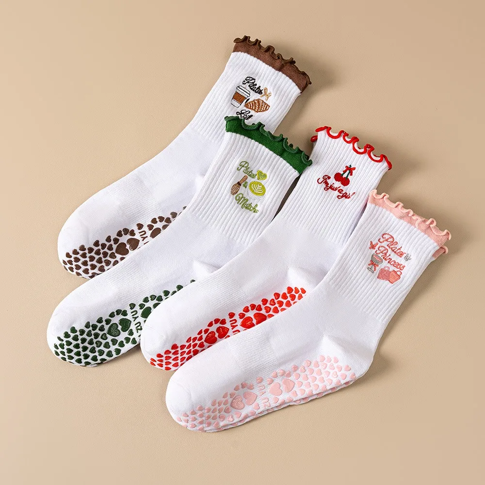 Women's Mid-Calf Sport Socks with Cute Lace Embroidery Professional Anti-Slip Yoga Socks for Pilates Floor Grip Socks